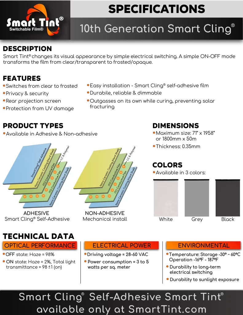 Smart Tint® Smart Cling® Spec Sheet 10th Gen for Switchable Film. Technical specifications and installation details.